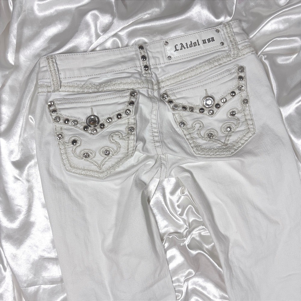y2k L'idol USA Jeans White Good Embellished Rhinestone Studded Low Rise Size 7